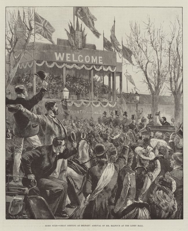 Home Rule, grande réunion à Belfast, arrivée de M. Balfour au Linen Hall - William Heysham Overend
