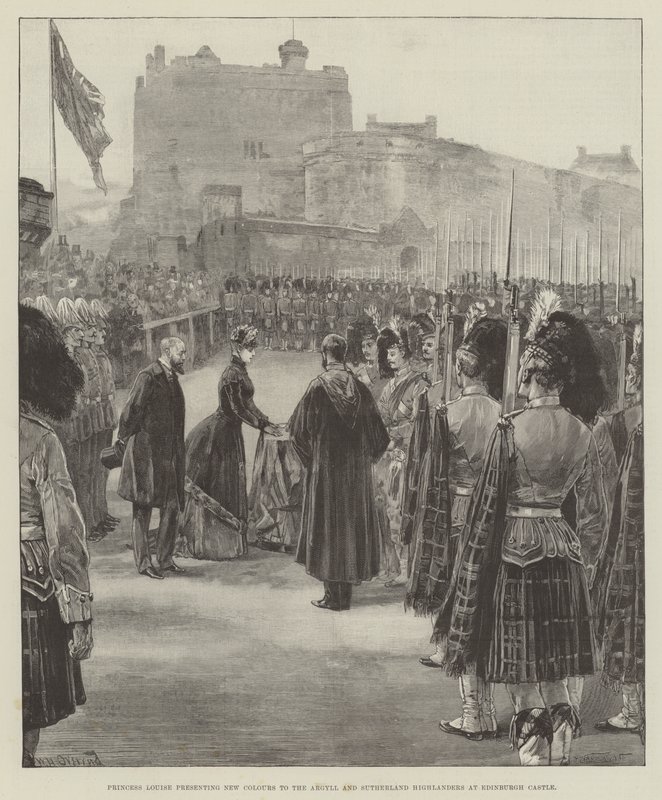 La princesse Louise présentant de nouvelles couleurs aux Argyll and Sutherland Highlanders au château d