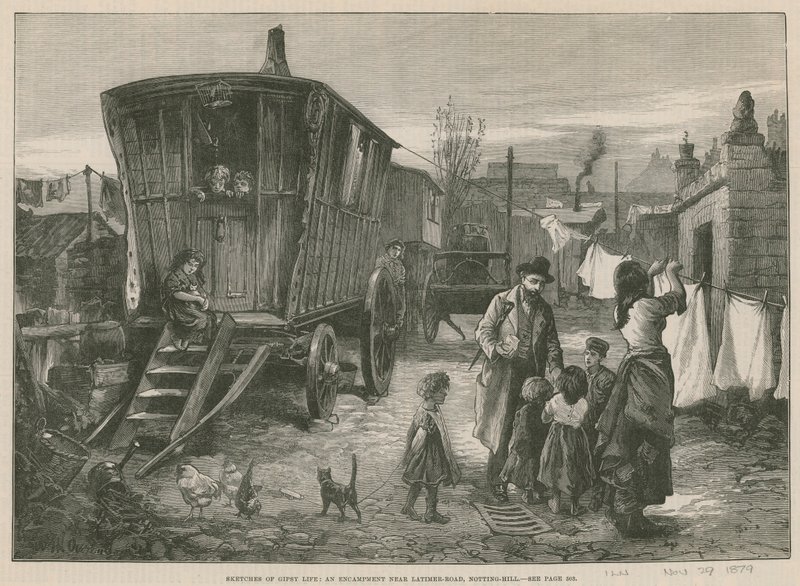 Croquis de la vie des gitans ; Un campement près de Latimer Road, Notting Hill (gravure) - William Heysham Overend