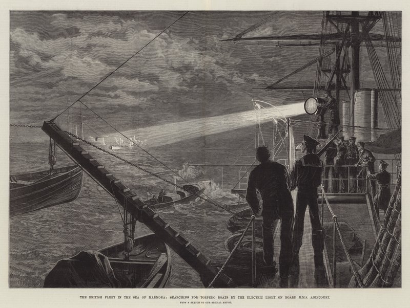 La flotte britannique en mer de Marmara, à la recherche de torpilleurs à la lumière électrique à bord du HMS Agincourt - William Heysham Overend