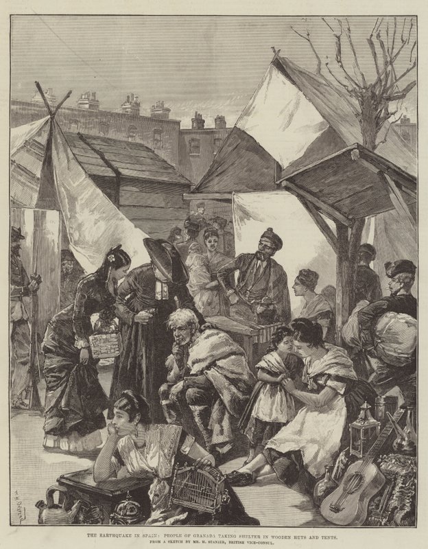 Le tremblement de terre en Espagne, les habitants de Grenade se réfugiant dans des huttes et des tentes en bois - William Heysham Overend