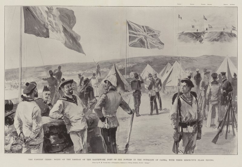 La crise orientale, scène sur le bastion du fort de terre des puissances à la périphérie de Canea, avec leurs drapeaux respectifs flottant - William Heysham Overend
