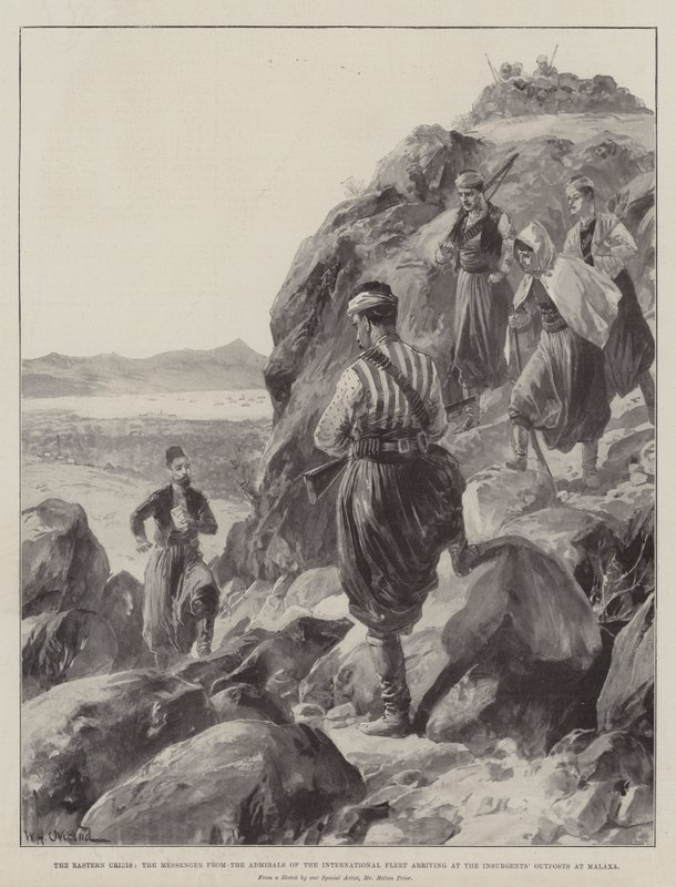 La crise orientale, le messager des amiraux de la flotte internationale arrivant aux avant-postes des insurgés à Malaxa - William Heysham Overend