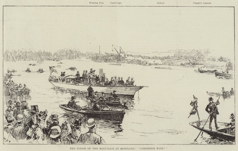 La fin de la course de bateaux à Mortlake, Cambridge gagne! - William Heysham Overend