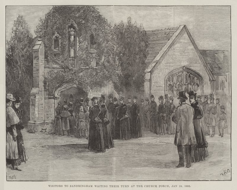 Les funérailles du défunt duc de Clarence et Avondale, visiteurs à Sandringham attendant leur tour au porche de l