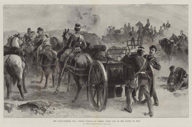 La guerre gréco-turque, le prince Nicolas de Grèce sous le feu à la bataille de Mati - William Heysham Overend