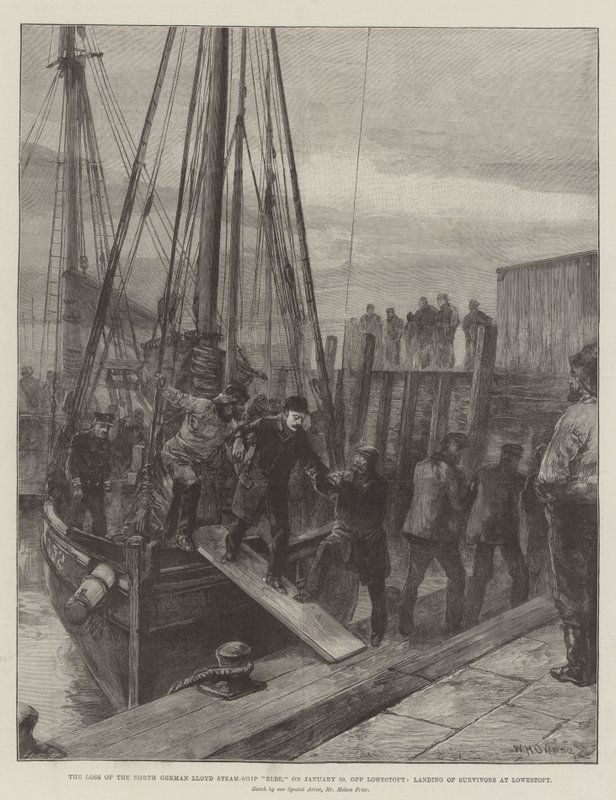 La perte du vapeur Elbe de la North German Lloyd, le 30 janvier, au large de Lowestoft, débarquement des survivants à Lowestoft - William Heysham Overend