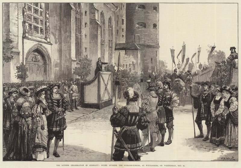 La célébration de Luther en Allemagne, scène devant la Schloss-Kirche, à Wittenberg, le mercredi 31 octobre - William Heysham Overend
