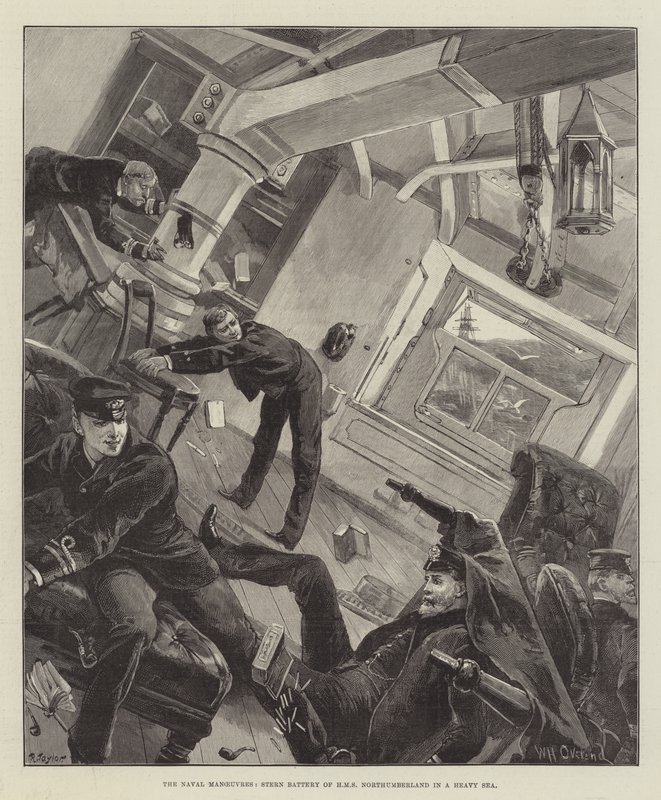 Les manœuvres navales, batterie arrière du HMS Northumberland en mer agitée - William Heysham Overend