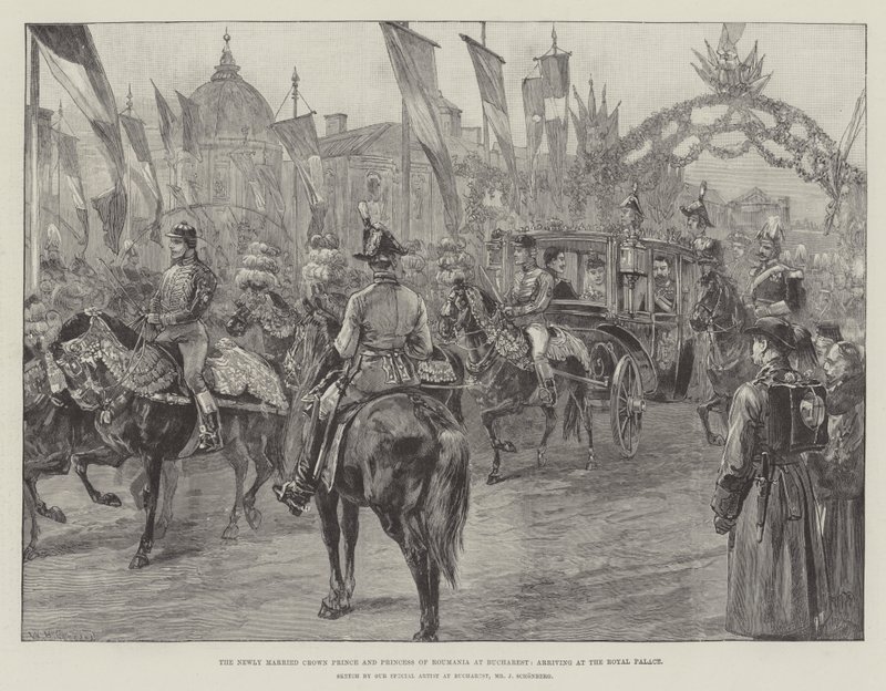 Le prince héritier et la princesse de Roumanie nouvellement mariés à Bucarest, arrivant au palais royal - William Heysham Overend