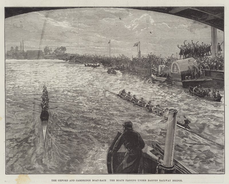 La course de bateaux Oxford et Cambridge, les bateaux passant sous le pont ferroviaire de Barnes - William Heysham Overend