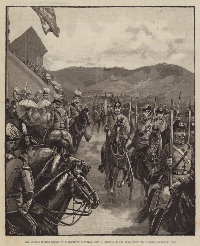 Revue du jubilé de la reine à Aldershott, samedi 9 juillet, infanterie montée de Brecknock et Berks défilant - William Heysham Overend