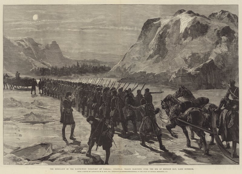 La rébellion dans le Territoire du Nord-Ouest du Canada, Troupes coloniales marchant sur la glace de la baie de Nepigon, lac Supérieur - William Heysham Overend