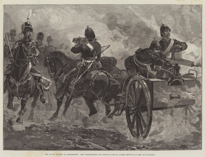 La revue royale à Aldershott, le canon Nordenfeldt ouvrant le feu pour couvrir l
