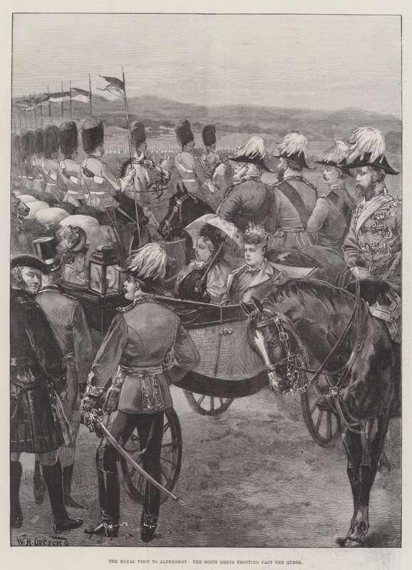 La visite royale à Aldershot, les Scots Greys trottant devant la reine - William Heysham Overend