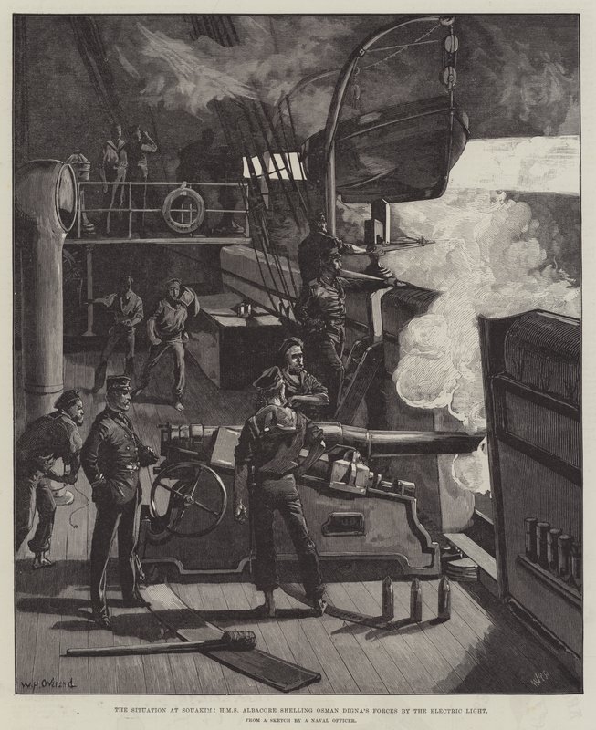 La situation à Souakim, HMS Albacore bombardant les forces d