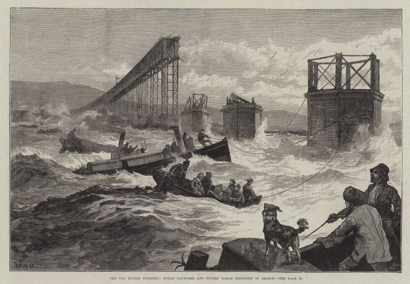 La catastrophe du pont de Tay, lancements à vapeur et barge de plongeurs employés dans la recherche - William Heysham Overend