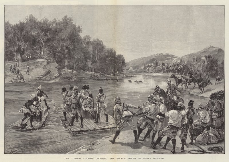 La colonne Tonhon traversant la rivière Swalei, en Haute-Birmanie - William Heysham Overend