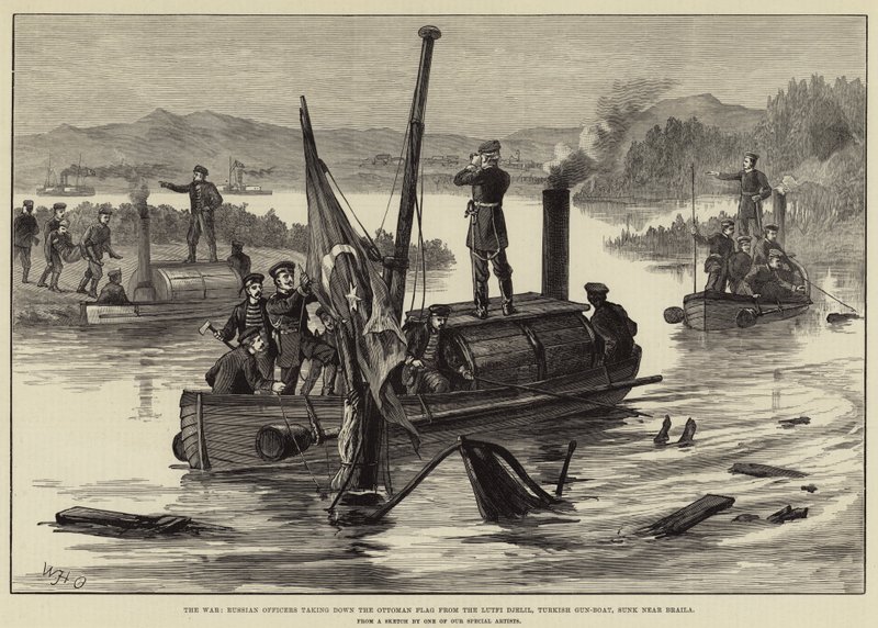 La Guerre, officiers russes abaissant le drapeau ottoman du Lutfi Djelil, canonnière turque, coulée près de Braila - William Heysham Overend