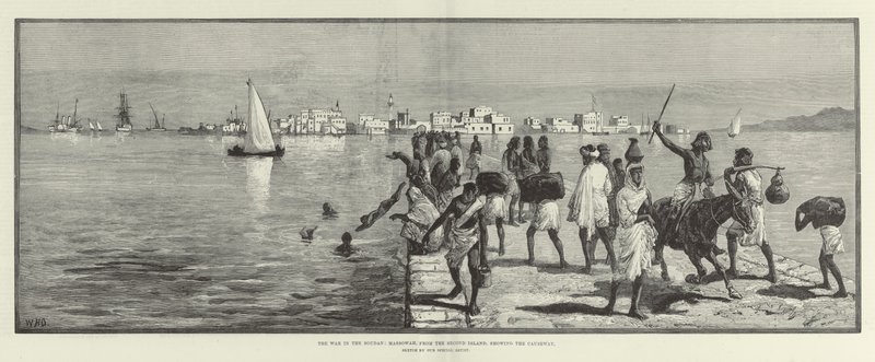 La guerre au Soudan, Massowah, depuis la deuxième île, montrant la chaussée - William Heysham Overend