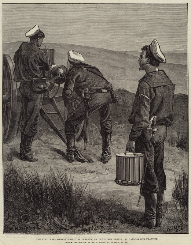 La guerre zouloue, garnison du fort Pearson, sur le bas Tugela, à la pratique du canon Gatling - William Heysham Overend