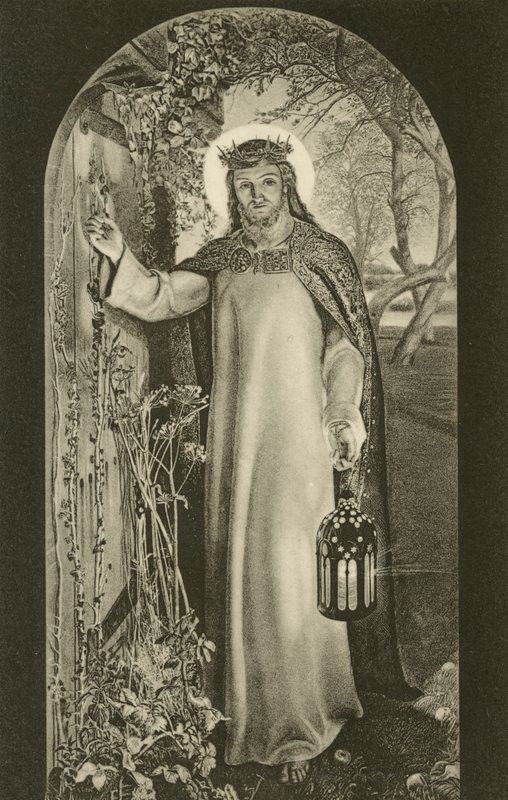 La Lumière du Monde, peinture au Keble College, Oxford, Oxfordshire, représentant le Christ portant une lanterne et frappant à une porte - William Holman (after) Hunt
