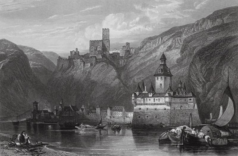 Caub, Château de Gutenfels et le Pfalz, Rhin - William Leighton (after) Leitch