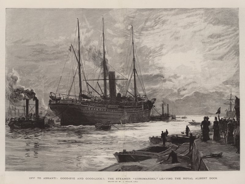 En route pour Ashanti, au revoir et bonne chance!, le vapeur Coromandel quittant le Royal Albert Dock - William Lionel Wyllie