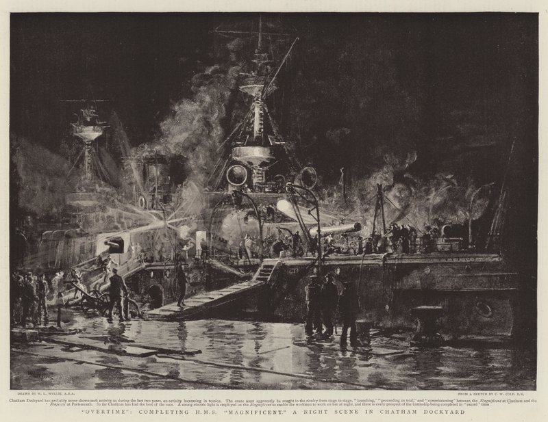 Heures supplémentaires, complétant le HMS Magnificent, une scène nocturne dans le chantier naval de Chatham - William Lionel Wyllie