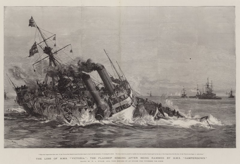 La perte du HMS Victoria, le navire amiral coulant après avoir été éperonné par le HMS Camperdown - William Lionel Wyllie