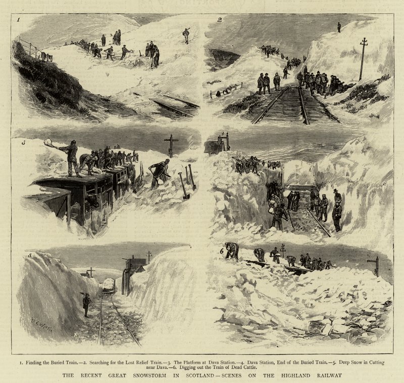 La récente grande tempête de neige en Écosse, scènes sur le chemin de fer des Highlands - William Lionel Wyllie
