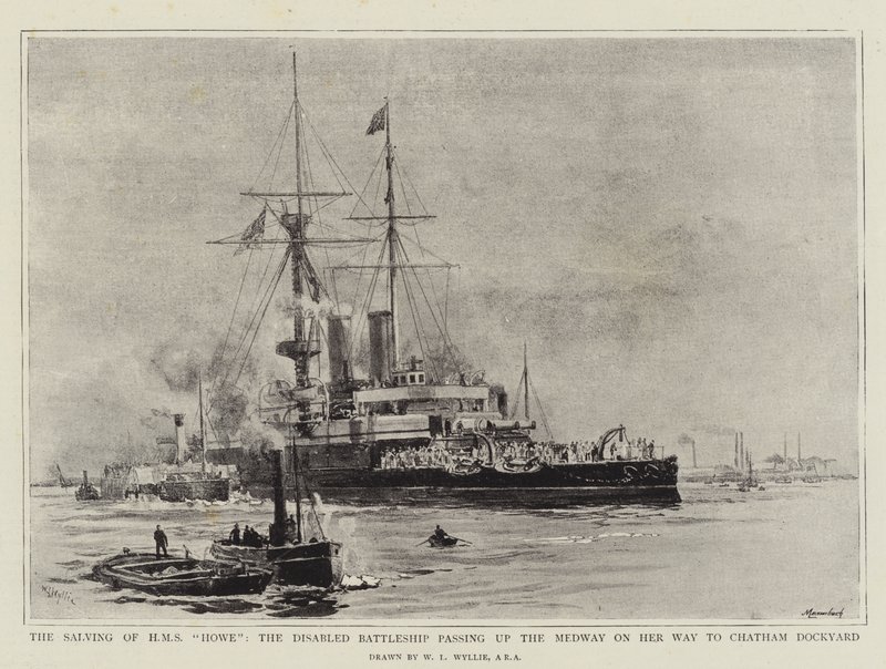 Le Sauvetage du HMS Howe, le Cuirassé Handicapé passant par la Medway en Route vers le Chantier Naval de Chatham - William Lionel Wyllie