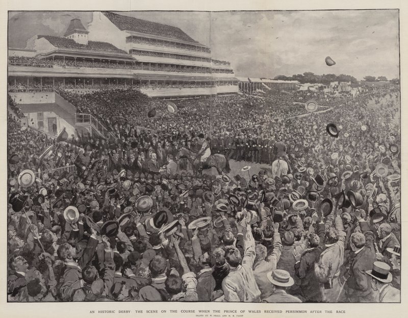 Un derby historique, la scène sur le parcours lorsque le prince de Galles a reçu Persimmon après la course - William Small