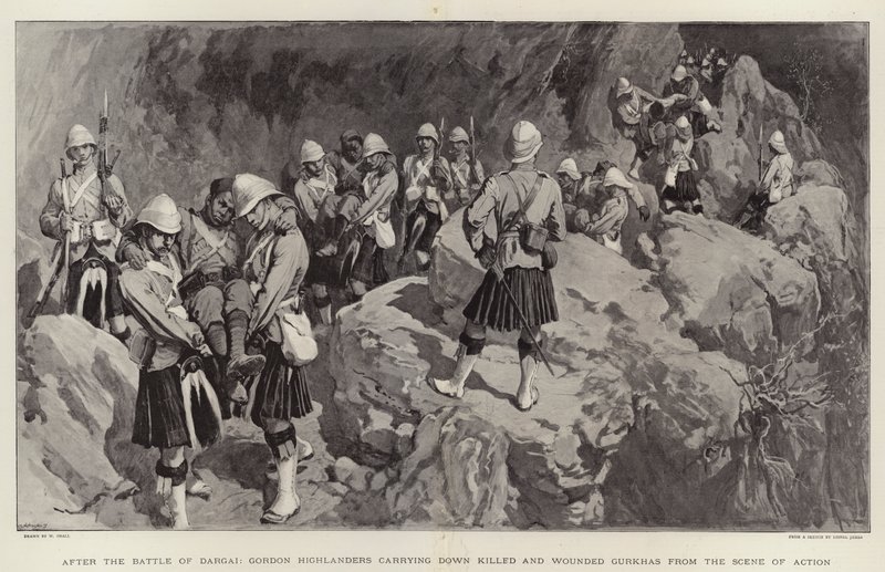 Après la bataille de Dargai, les Highlanders de Gordon transportant les Gurkhas tués et blessés depuis le lieu de l