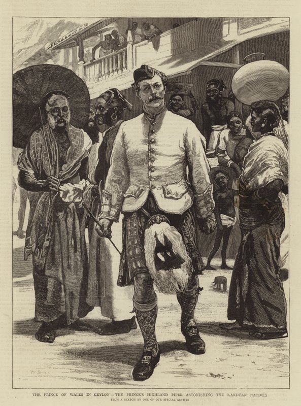Le prince de Galles à Ceylan, le joueur de cornemuse écossais du prince étonnant les natifs de Kandy - William Small
