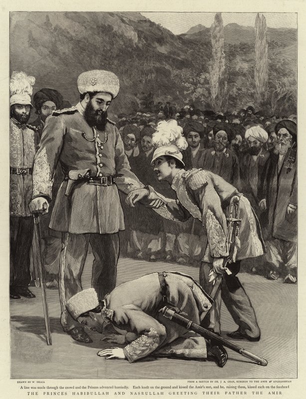 Les princes Habibullah et Nasrullah saluant leur père l