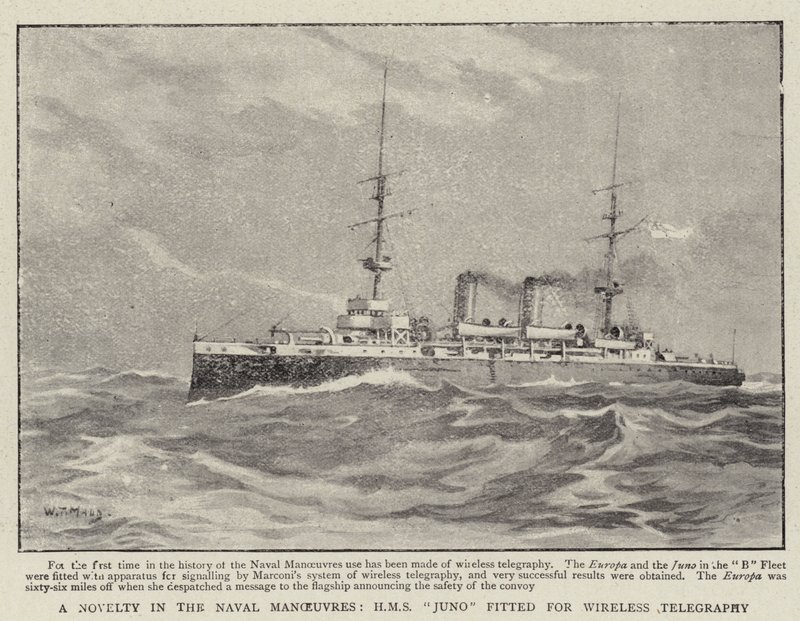 Une nouveauté dans les manœuvres navales, H M S Juno équipée pour la télégraphie sans fil - William T. Maud