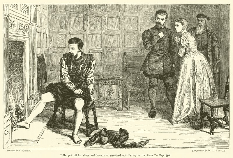 Il enleva ses chaussures et ses bas, et tendit sa jambe vers la flamme - after Charles Green
