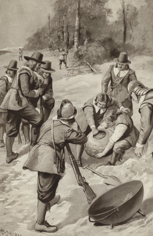 Les Pères Pèlerins frappent le sable et trouvent du maïs - after Charles Mills Sheldon
