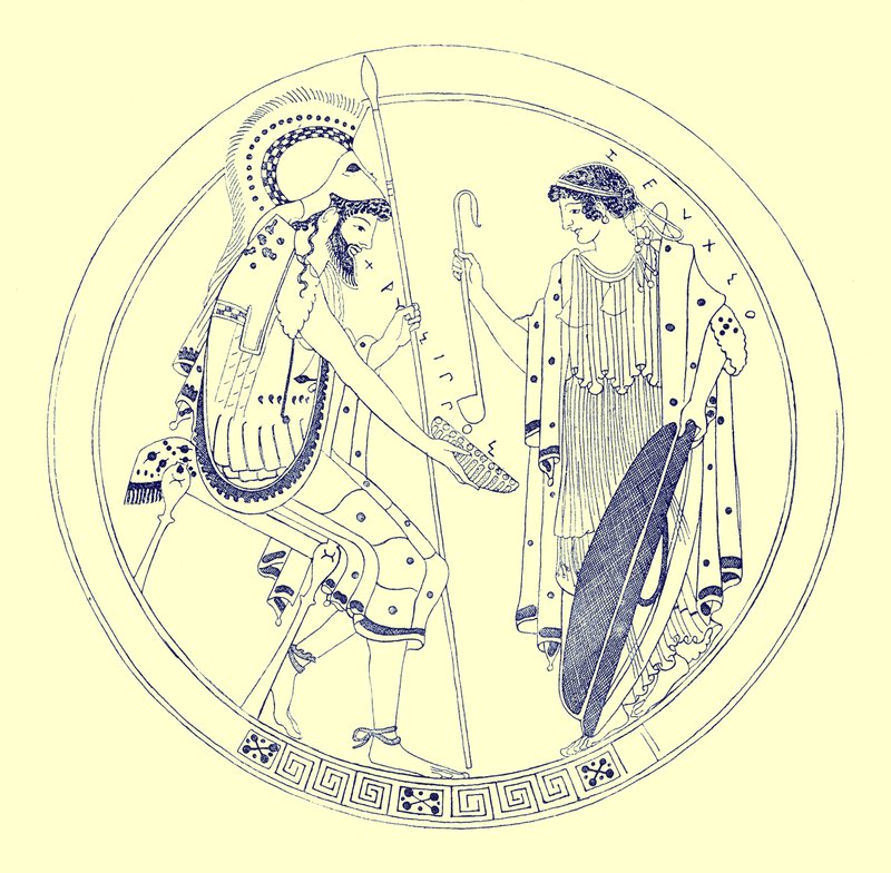 Un guerrier assis tenant sa coupe de vin, illustration des Peintures de vases grecs par J. E. Harrison et D. S. MacColl, publié en 1894 - after English School