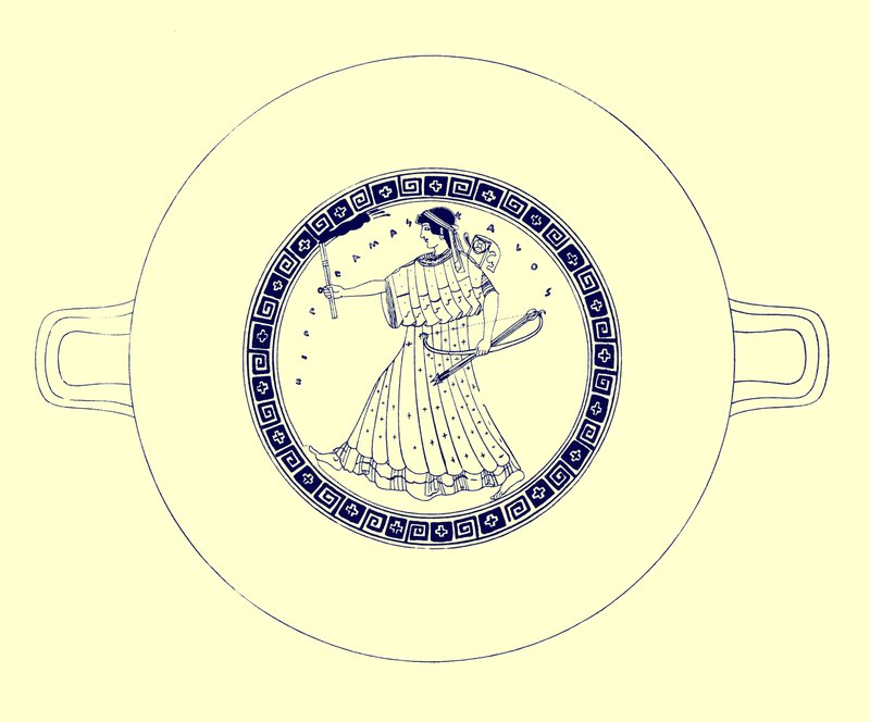 Artémis avec arc, flèche et torche, illustration des Peintures de vases grecs par J. E. Harrison et D. S. MacColl, publié en 1894 - after English School