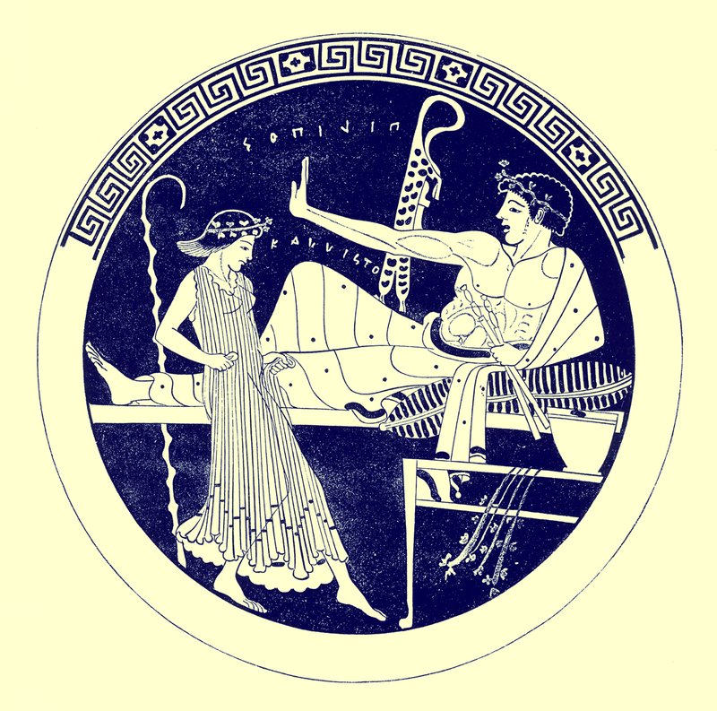 Danseuse et jeune homme festoyant, illustration de Peintures de vases grecs par J. E. Harrison et D. S. MacColl, publié en 1894 - after English School