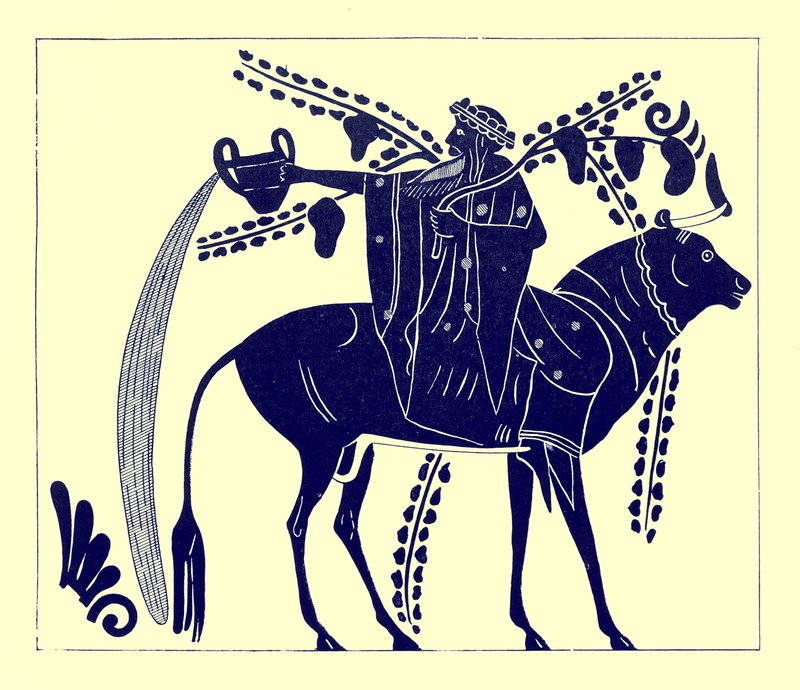 Dionysos chevauchant un taureau, illustration des Peintures de vases grecs par J. E. Harrison et D. S. MacColl, publié en 1894 - after English School
