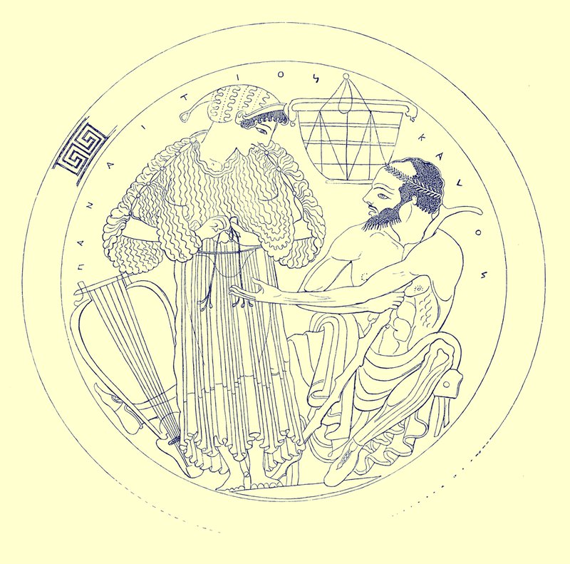Intérieur de Cylix par Euphronios, illustration des Peintures de vases grecs par J. E. Harrison et D. S. MacColl, publié en 1894 - after English School