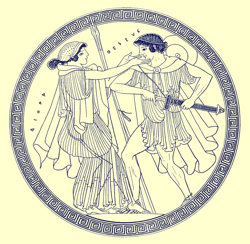 Thésée et Aethra, illustration des Peintures de vases grecs par J. E. Harrison et D. S. MacColl, publié en 1894 - after English School