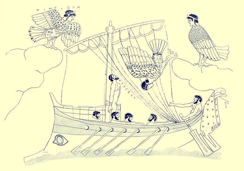 Ulysse et les Sirènes, illustration des Peintures de vases grecs par J. E. Harrison et D. S. MacColl, publié en 1894 - after English School