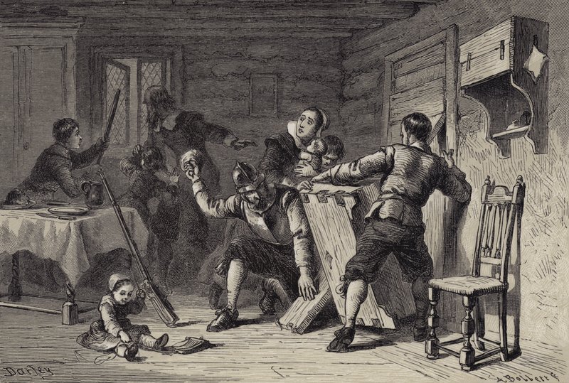 Les Puritains barricadant leur Maison contre les Indiens - after Felix Octavius Carr Darley