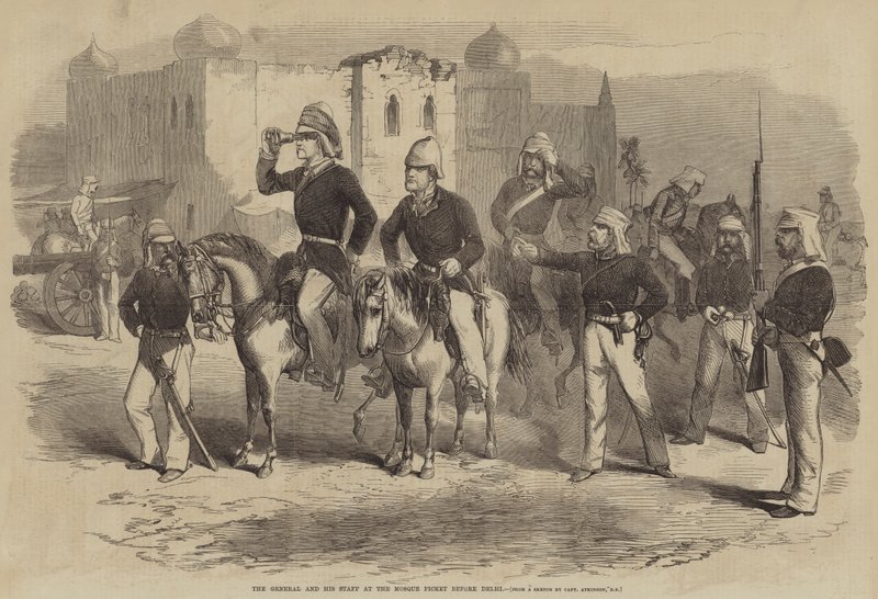 Le général et son état-major au poste de la mosquée devant Delhi - after George Francklin Atkinson