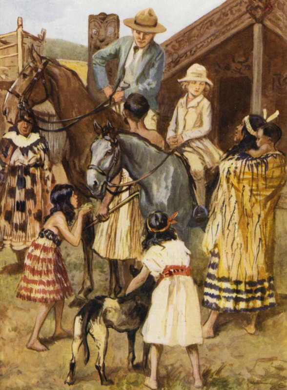 Visiteurs dans un village modèle maori - after Gordon Frederick Browne