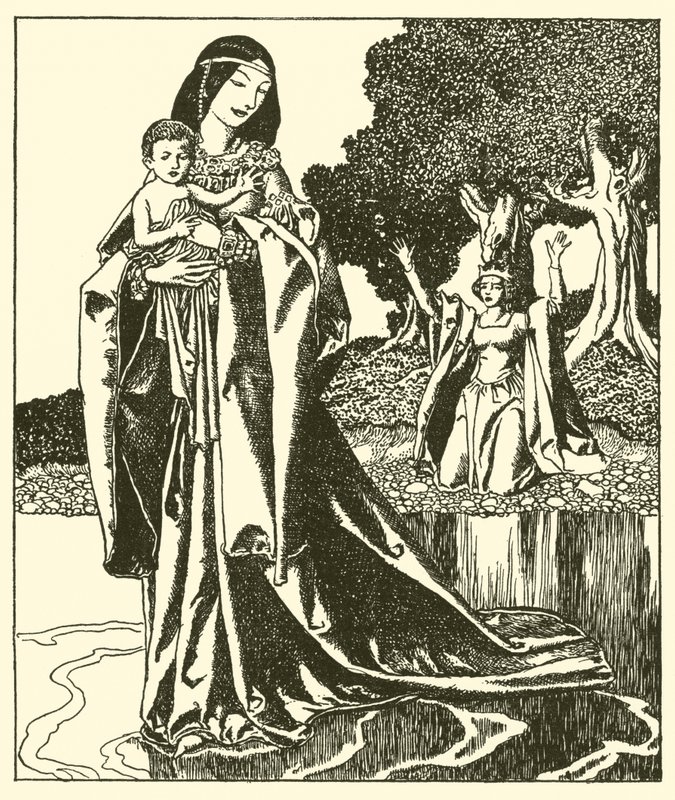 La Dame Nymue emporte Launcelot dans le lac - after Howard Pyle